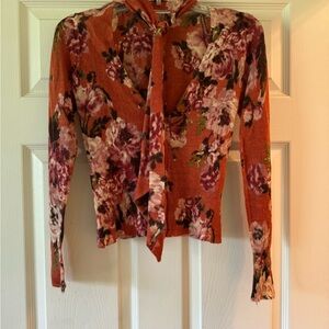 Floral Tie-Neck Women's Top - Orange and Pink